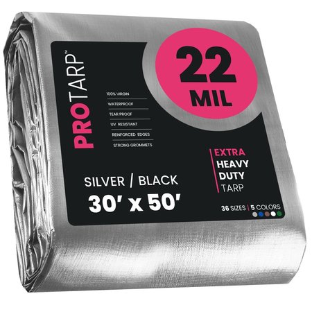 PROTARP 30 ft x 50 ft Heavy Duty 22 Mil Tarp, Silver/Black, Polyethylene, Waterproof, Rip and Tear Proof PT-201-30X50